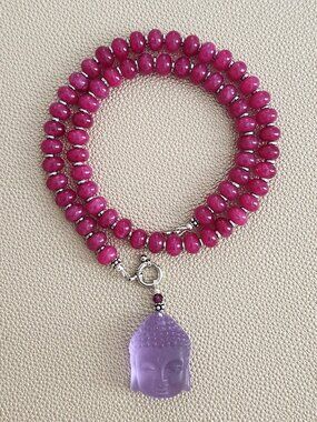 FUCHSIA JADE NECKLACE W/ BUDDHA PENDANT-18"